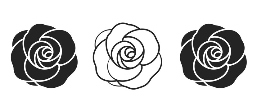 Three stylized rose icons one outlined and two solid silhouettes isolated on white background