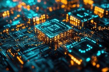 Obraz premium A detailed view of a circuit board with glowing blue and orange lights, representing technology and connectivity.