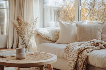 Cozy and inviting living room with natural light, featuring a comfortable sofa, soft textures, and neutral tones.