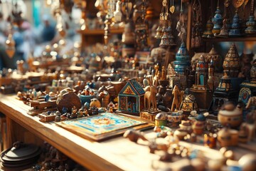 A vibrant market stall overflows with handmade crafts, trinkets, and souvenirs in warm, inviting light, showcasing cultural artistry.