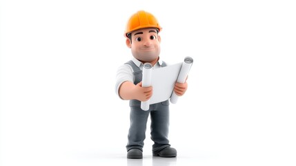Smiling 3D cartoon construction worker holding a blueprint against a plain white background with copy space