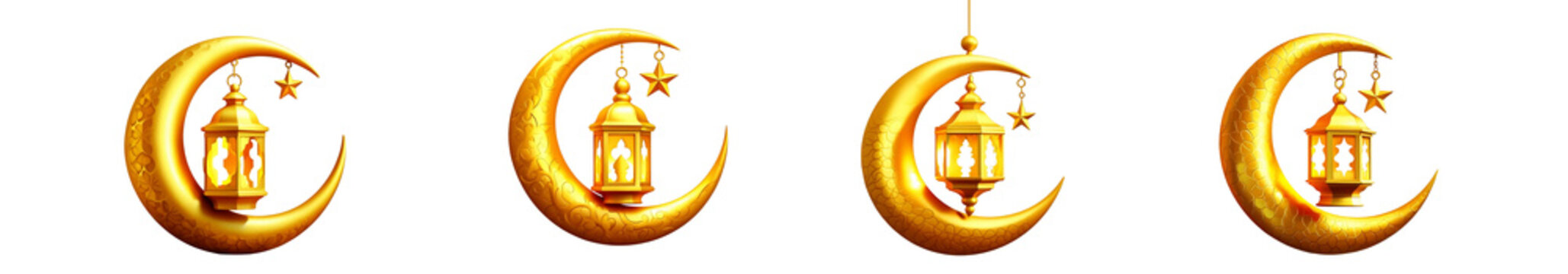 Set of Golden 3D Islamic Crescent Moons with Lanterns. Isolated on transparent background, png