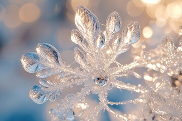 Close-up of a shimmering, translucent snowflake with intricate details, set against a soft, bokeh-filled background, evoking winter's beauty.