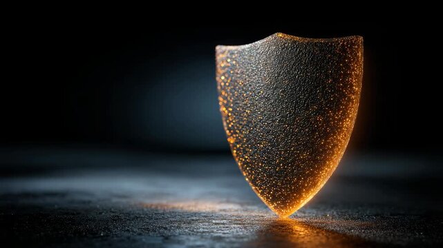 A glowing translucent shield made of golden particles displayed on a dark moody background, symbolizing cybersecurity or digital protection