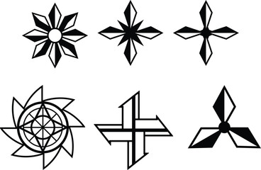 Geometric Pattern Collection of Stylized Floral and Cross Designs Featuring Symmetrical Arrangements and Sharp Lines Evoking Precision and Visual Interest