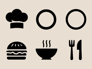 Collection of food and restaurant icons including chef hat burger bowl and cutlery isolated on white background silhouette
