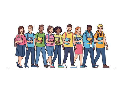 Unity in Motion: A group of diverse students stroll forward together with bags and books, radiating anticipation, energy and collective determination, towards their shared goals. 
