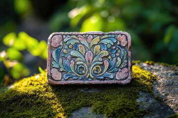 A decorative, rectangular tile with colorful floral and leaf patterns sits on a mossy rock in natural lighting.