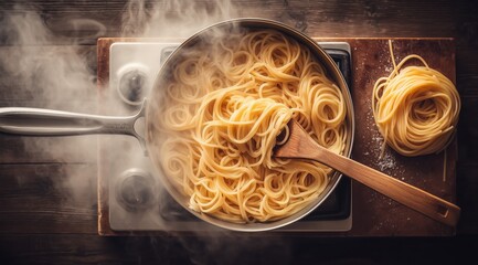 Spaghetti being tossed in the pot on the stove with cheese and milk, top view.