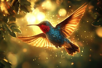 Obraz premium A vibrant hummingbird mid-flight with iridescent blue and red feathers, radiating golden light in a lush green environment.