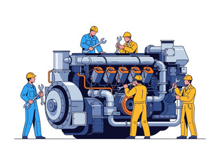 Mechanical Precision: A team of skilled mechanics meticulously servicing a powerful engine, demonstrating expertise, technical skill, and collaborative efficiency. 
