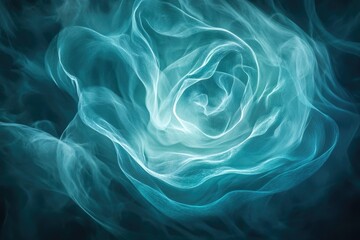 Fototapeta premium Abstract, ethereal image of teal and white swirling smoke forming a rose-like shape against a dark background, creating a dreamlike atmosphere.