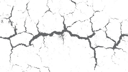 Cracked and damaged white wall texture background with rugged details. Close up cracked concrete wall texture in black and white background 
