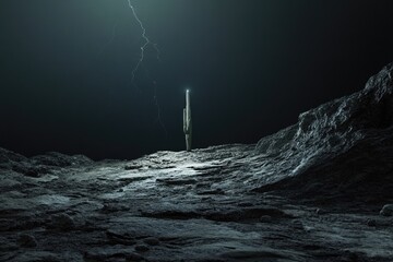 A solitary metallic structure stands on a stark, rocky landscape under a dark sky illuminated by a flash of lightning.