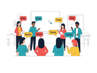 Multilingual Collaboration: An illustrated scene depicts a dynamic exchange where ideas from diverse backgrounds converge.