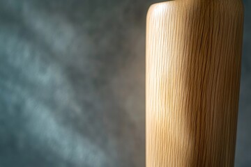A textured wooden cylindrical object, possibly a vase or decorative piece, stands against a soft, blurred gray background.