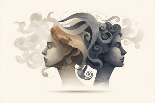 Gemini astrological sign human figures with flowing hair, surrounded by swirling ribbons and airy symbols, representing duality, intellect, and curiosity.
