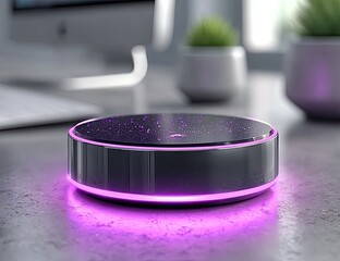 Round, black smart speaker with purple light