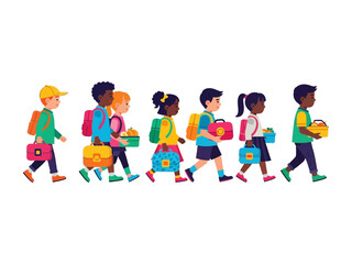 School Day Stroll: A charming illustration captures a group of children, backpacks and lunchboxes in hand, walking together.