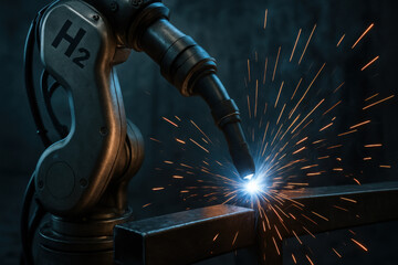 Robotic arm welding metal with bright sparks flying in dark industrial setting