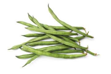 Fototapeta premium Fresh pea pods isolated on white, top view