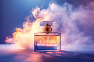 Elegant perfume bottle with golden accents stands against a backdrop of dreamy smoke and soft, gradient lighting, creating a luxurious ambiance.