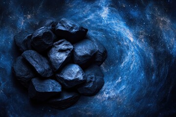 A collection of dark, coal-like rocks juxtaposed against a stunning and vibrant blue cosmic nebula background.