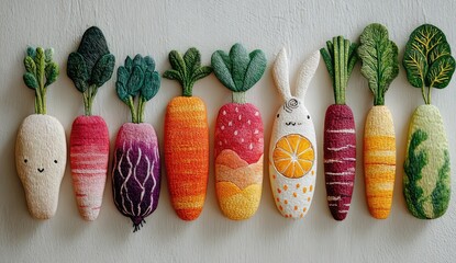 Row of colorful felt vegetables, including carrots, radishes, and a bunny