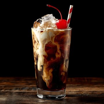 Awesome photo of tall glass of dirty soda with swirls of cream blending into a dark cola base, topped with crushed ice and a maraschino cherry, served with a striped straw.