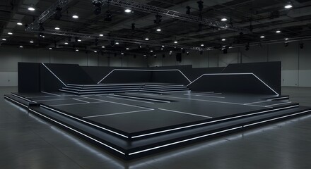 Contemporary Stage Design: A sleek, modern stage design with geometric shapes and integrated lighting, ideal for showcasing events, presentations, and performances.