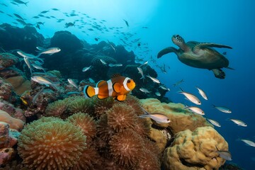 Fototapeta premium Sea turtle swims near clownfish and anemone on vibrant coral reef