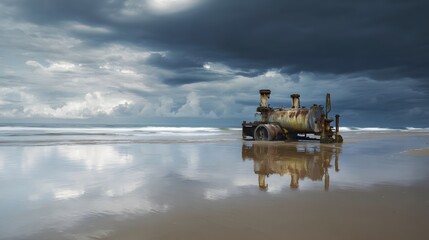 An abandoned industrial device rusting at sea edge under dark clouds