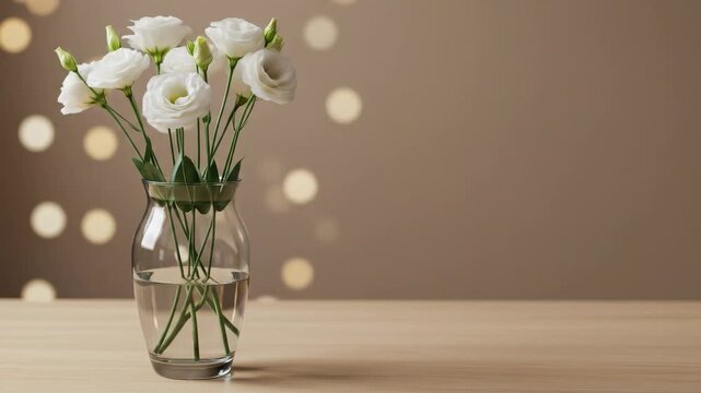 White Lisianthus Flowers in Glass Vase on Wooden Table - A bouquet of elegant white lisianthus flowers sits in a clear glass vase on a light brown wooden table.