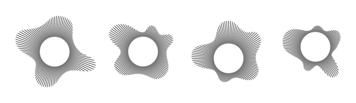 Circular sound wave patterns with radial lines for audio visualization and music graphics. Black geometric shapes with center voids - acoustic energy spreading outward for modern design interfaces.