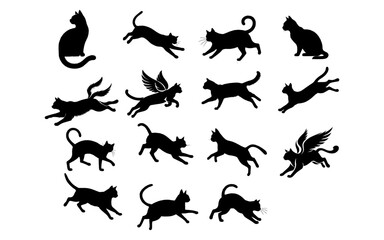 Set of Black Cat Silhouettes in Various Action Poses