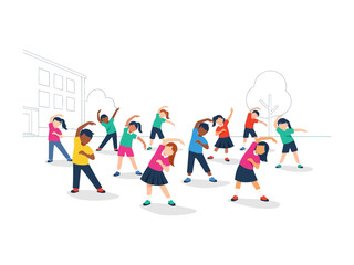 Healthy Lifestyle: A group of vibrant children engaged in a lively exercise session outdoors, demonstrating the joy and benefits of physical activity and promoting a healthy lifestyle.