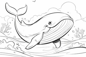 Obraz premium Basic black and white sketch of a smiling whale swimming in the ocean with waves and a simple background, perfect for kids' coloring with easy-to-follow outlines.