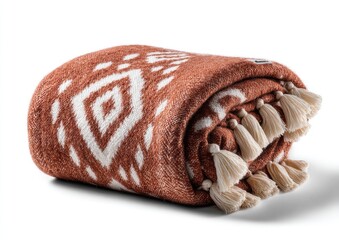 Folded terracotta-colored throw blanket with cream-colored geometric pattern and tassels