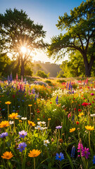 Obraz premium Serene meadow with colorful wildflower blooming in field at sunrise. Warm sunlight and golden sunbeam through tree create peaceful scene