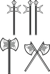 Medieval Weaponry Illustration Featuring Polearms and Axes with Intricate Designs on a White Backdrop, Displaying Historical Combat Tools