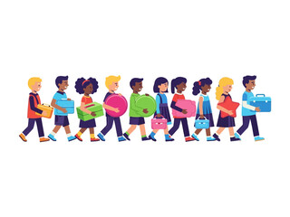 Fototapeta premium Schoolbound: An illustrated scene captures the essence of a diverse group of children, backpacks in tow, marching towards the future with their bags. 