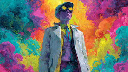 Obraz premium Confident character in cool coat and sunglasses stands before an explosion of vibrant colorful powder. surreal, fashionable, psychedelic background for creative concept