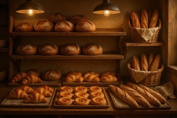 Obraz premium Artisanal bakery display showcasing variety of freshly baked European breads croissants danishes arranged on vintage wooden shelves with warm lighting