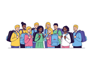 Backpack Buddies: A diverse group of schoolchildren stand closely, poised for the day's adventures with their trusty backpacks, representing the beginning of knowledge, education, and friendship.