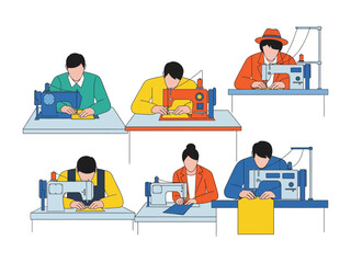 Fashion Design: Six people are busy at sewing machines. They are hard at work in a workshop that shows an artistic view of textile creation, with vibrant colors and a modern aesthetic.