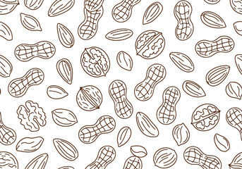 Seamless pattern with nuts: walnuts, peanuts, and almonds on a white background.