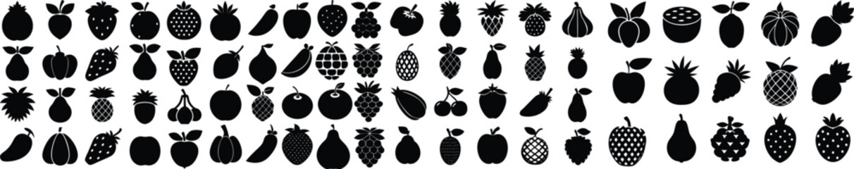 A grid of various black silhouettes of fruits and vegetables, presented against a white background.
