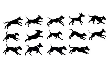 Set of Black Silhouette Dogs in Running Action