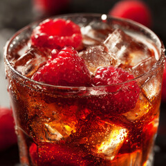 Cocktail drink with raspberries and ice