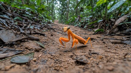 Orange mantis on forest path